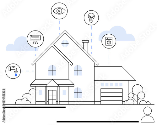 Modern smart home displaying connected devices thumbs up lighting, HVAC, water, washing machine, and security surveillance. Ideal for smart technology, automation, home solutions, eco-friendliness