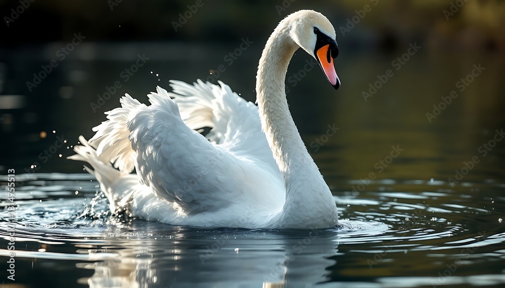 Elegant White Swan Swimming on Calm Water, Splashing Near Shore Elegant White Swan Swimming on Calm Water, Splashing Near Shore