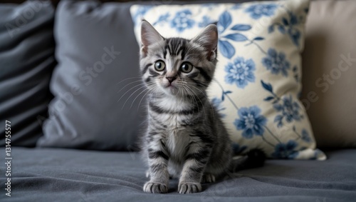 Kitten engaging in playful activities at home, peekaboo, frolicking on the sheet, playing on the floor, playing on the sofa, interacting with people, shorthair, black and gray kitten, black adorabl... photo