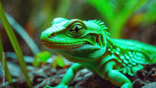Juvenile portrait of the European green lizard (Lacerta viridis).