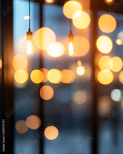abstract blurred office interior with glowing lights at night