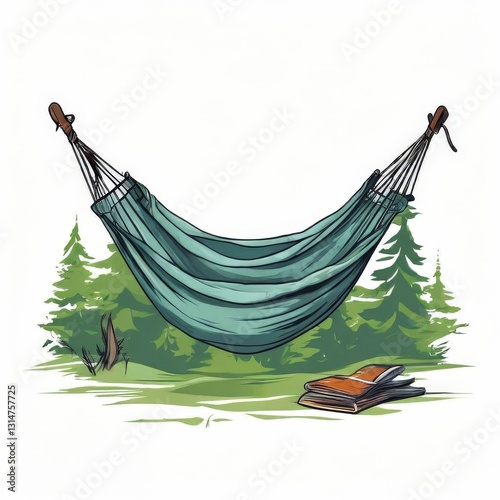 an AI Image Generator, Illustration of an Orange and Teal Hammock with Wooden