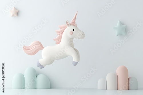 Whimsical unicorn leaps joyfully against pastel background with