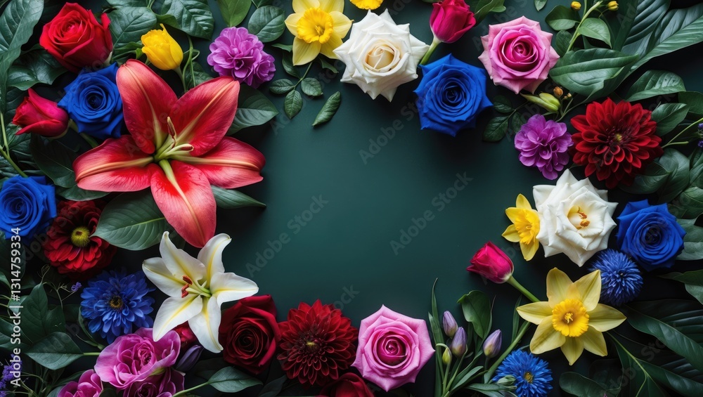 Creative arrangement composed of flowers and leaves. Flat lay. Nature theme. Colorful spring floral backdrop, area for text. Creative arrangement composed of flowers and leaves. Flat lay. Nature theme. Colorful spring floral backdrop, area for text.