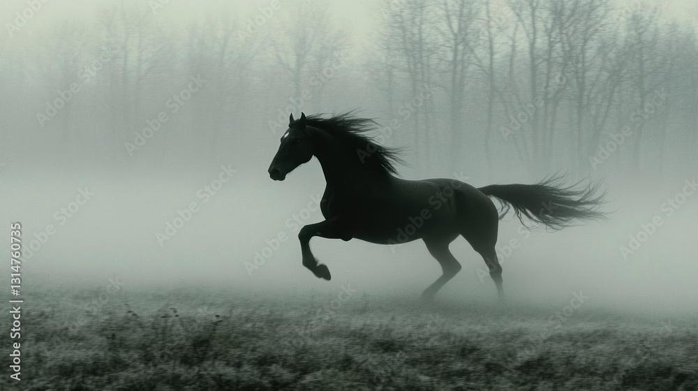 Black horse running in a foggy field. Black horse running in a foggy field.