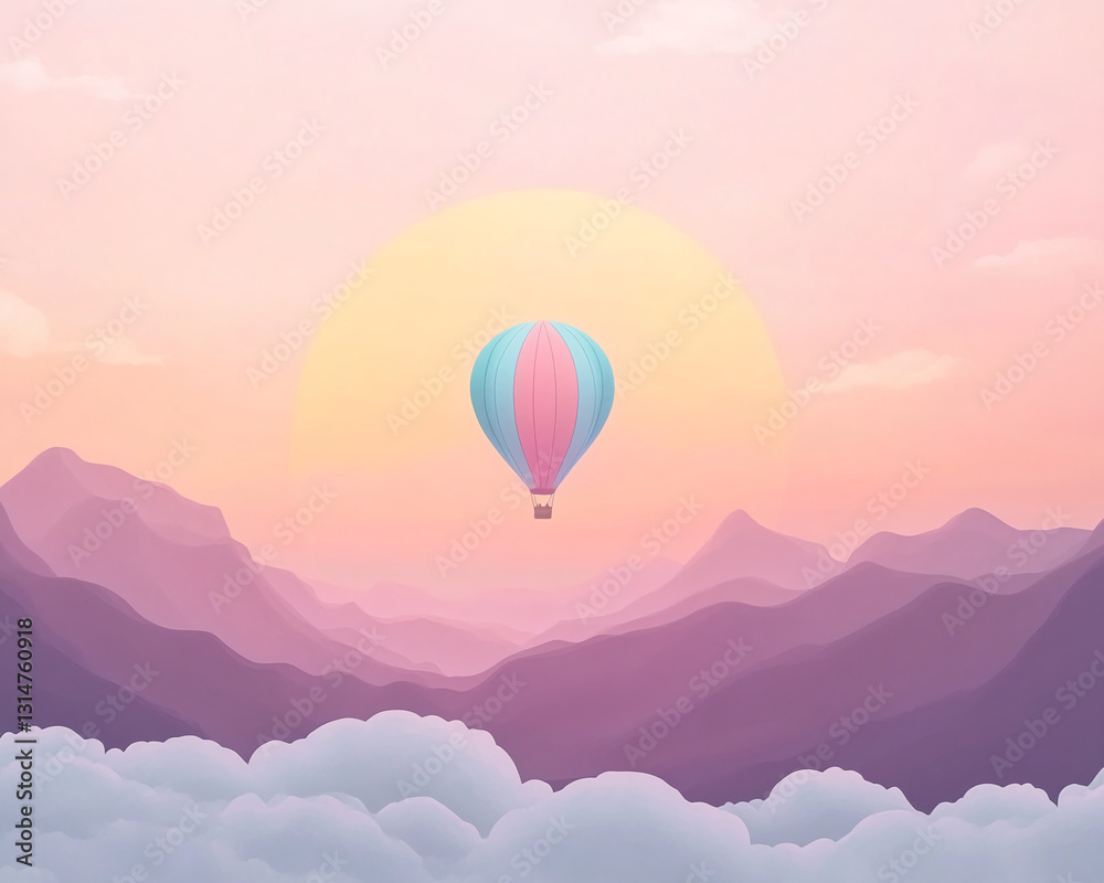 Fototapeta premium Pastel-colored hot air balloon floats above clouds and mountains at sunset, creating a serene and dreamy landscape, symbolizing freedom, adventure, and tranquility