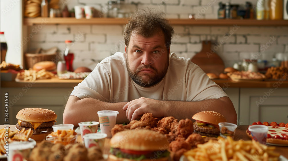 This man sits with a serious expression amid a table filled with a variety of fast food items. This man sits with a serious expression amid a table filled with a variety of fast food items.
