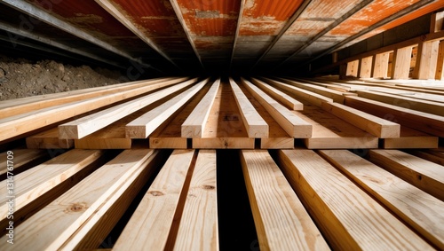 Engineered wood floor joists extend across a crawl space in a construction project.
