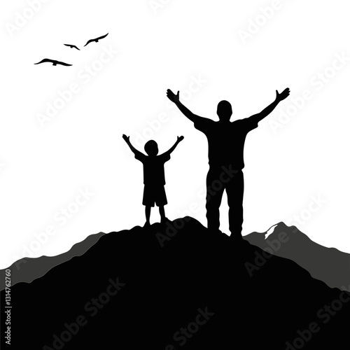 Father and child stand on  peak, disconnection lingering between them. Disconnection grows in silence and hides behind shared moments.  Disconnection and emotional distance concept