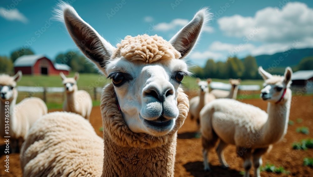 Obraz premium Close-up of a llama in a farm setting.