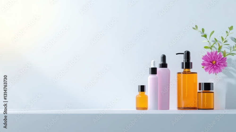 A beautifully arranged shelf featuring skincare essentials, fresh flowers A beautifully arranged shelf featuring skincare essentials, fresh flowers