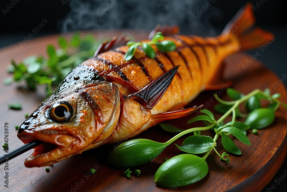 Grilled fish served on a wooden platter with herbs Grilled fish served on a wooden platter with herbs
