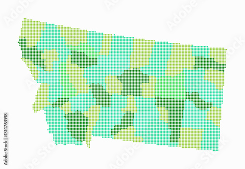 Montana dotted map. Digital style map of the state on a white background. Montana shape with circle dots. Colored dots style. Small-sized circles. Simple vector illustration.
