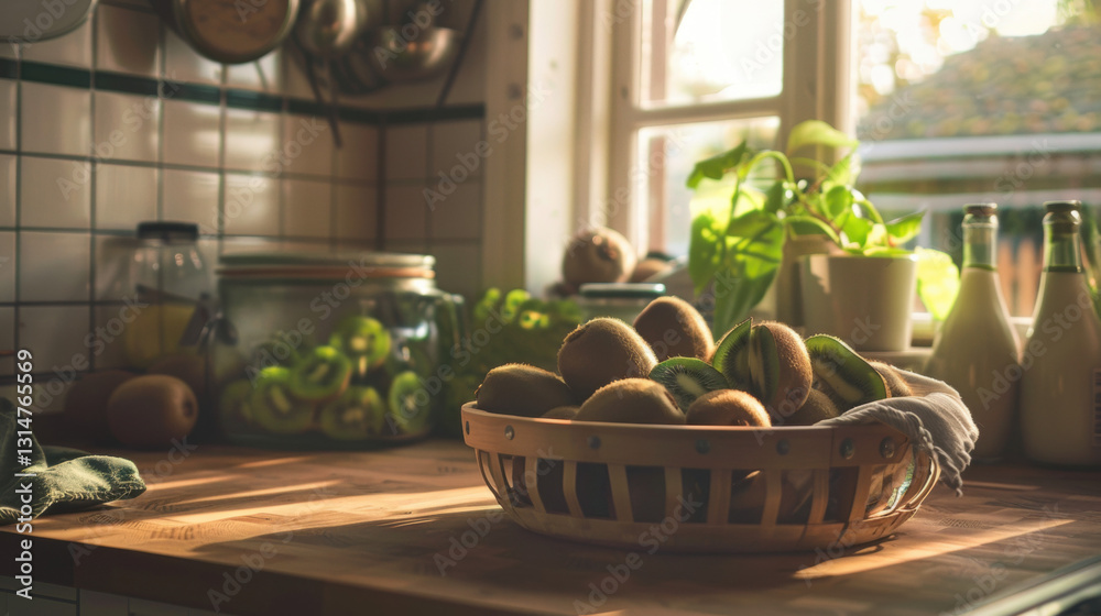 Table in the kitchen and garden with plants and flowers, creating a cozy home atmosphere Table in the kitchen and garden with plants and flowers, creating a cozy home atmosphere