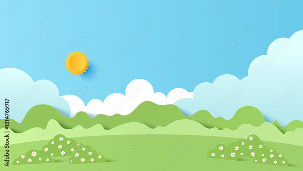 Vector illustration of park scenery with mountain and cloud sky on a sunny day. Paper cut and craft style illustration Vector illustration of park scenery with mountain and cloud sky on a sunny day. Paper cut and craft style illustration