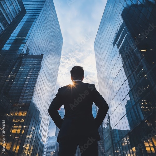Businessman overlooking city skyline urban environment inspirational photography motivational perspective