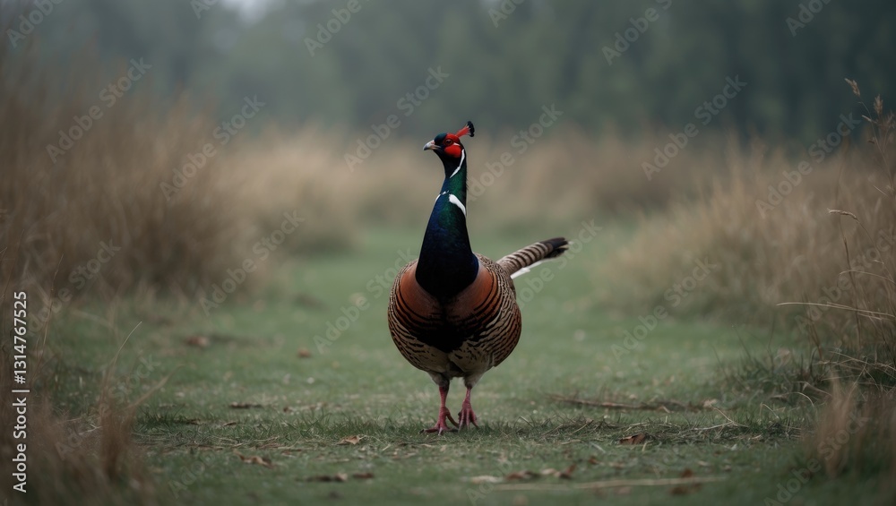 Common pheasant walking ahead in grassy terrain. Common pheasant walking ahead in grassy terrain.