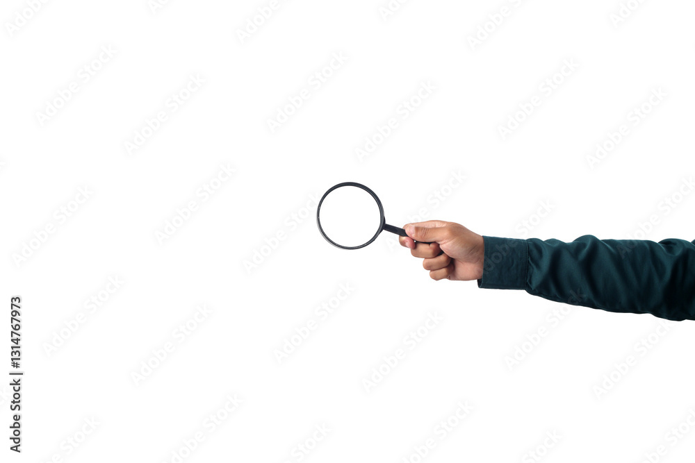 Hand holding a magnifying glass, isolated on a white background Hand holding a magnifying glass, isolated on a white background
