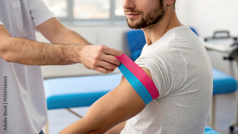 Obraz premium professional therapist applying kinesiology tape on man arm in clinical setting. therapist uses pink and blue tape for support and rehabilitation