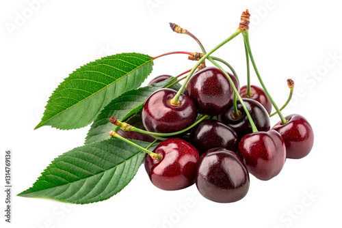 Fresh black cherries with leaves juicy summer fruit transparent background- generated by ai