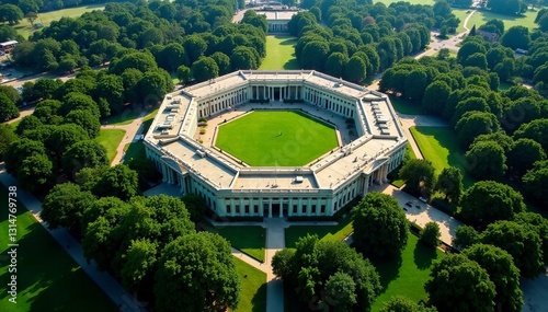 Aerial view of the Pentagon surrounded by lush greenery, government, defense, architecture
