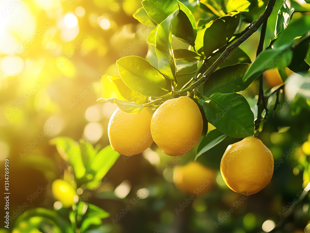 Fresh lemons hanging on a tree branch under bright sunlight in a natural setting. Fresh lemons hanging on a tree branch under bright sunlight in a natural setting.