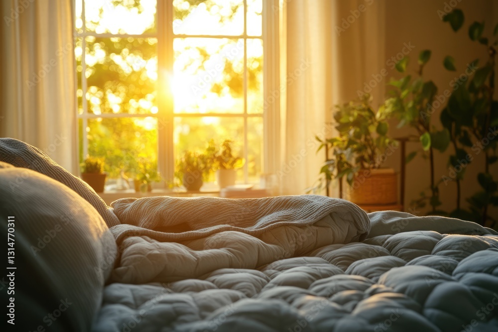 Fototapeta premium Sunrise illuminates cozy bedroom with plants and soft bedding