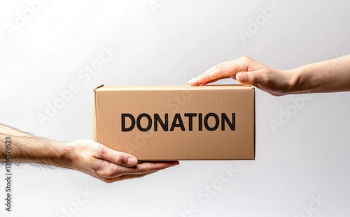 Donation Box Being Handed Over – Charity, Giving, and Humanitarian Aid Concept on White Background