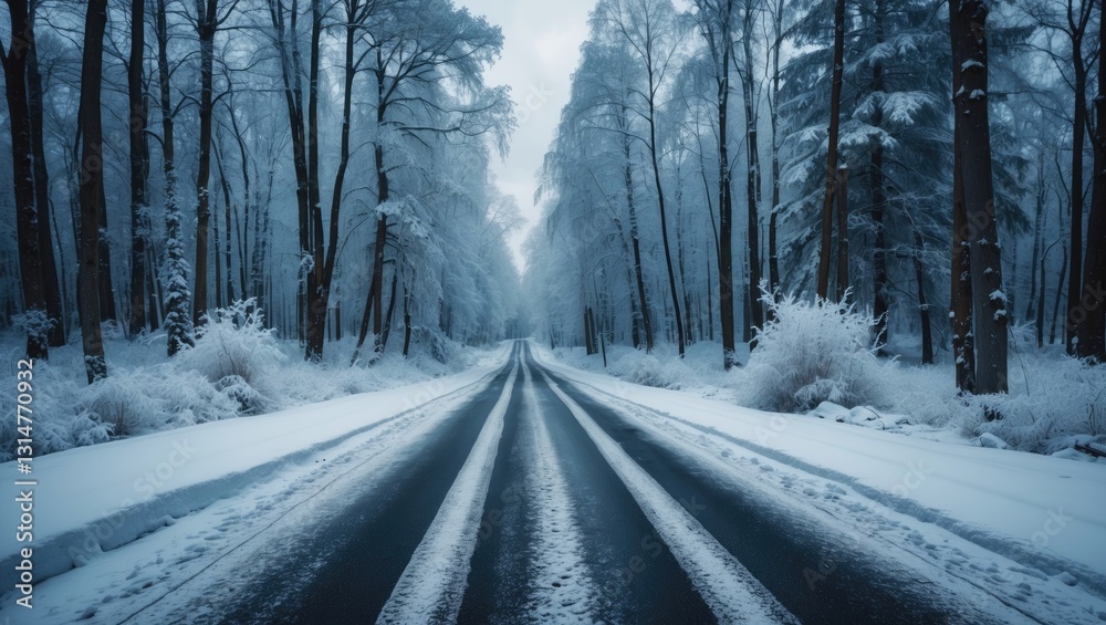 Fairy tale pathway through the frozen forest. Asphalt cleared of snow during winter. Fairy tale pathway through the frozen forest. Asphalt cleared of snow during winter.