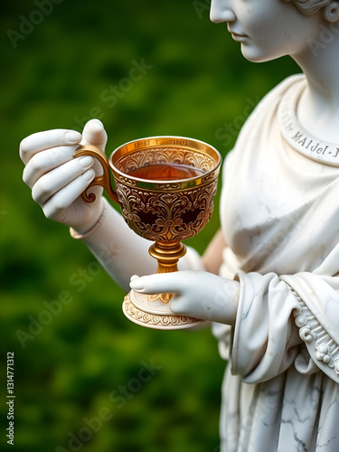 A marble statue in Greek style holds an ancient ornate goblet filled with liquid, symbolizing classic beauty and history, on a serene green background. photo