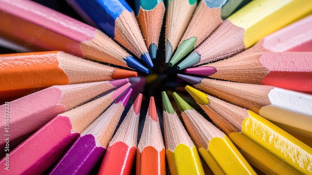 Colorful pencils arranged in a circular pattern on a dark background Colorful pencils arranged in a circular pattern on a dark background