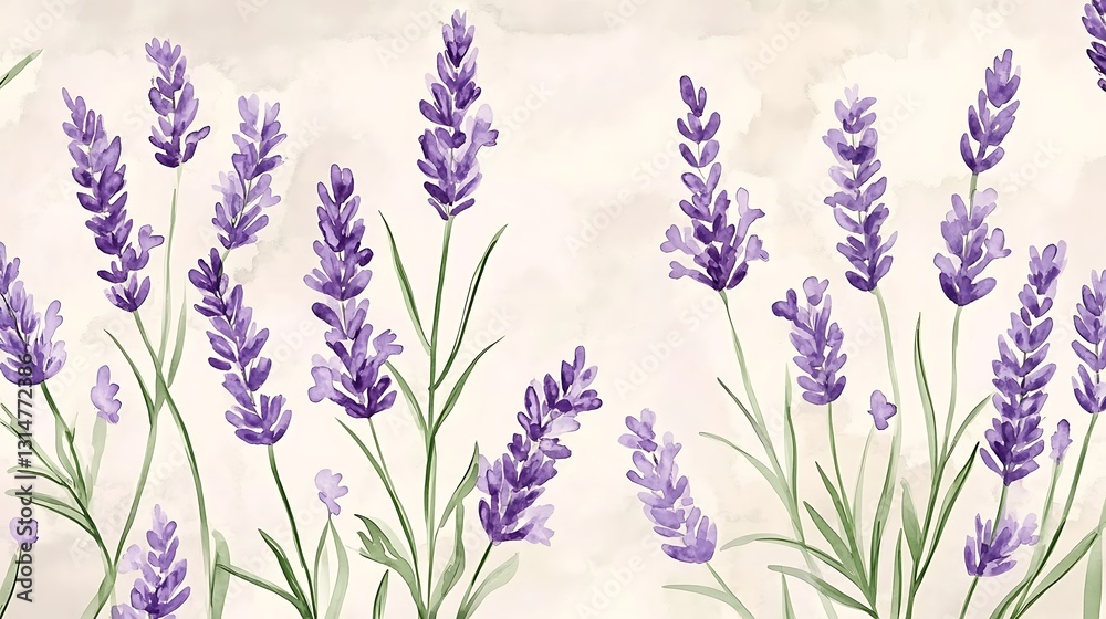 Naklejka premium Serene Watercolor Lavender Field: A Botanical Masterpiece
