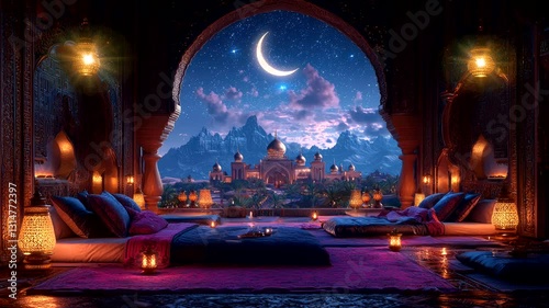 Magical Arabian night with crescent moon over luxurious palace and glowing lanterns. Seamless looping 4K time-lapse animation video background