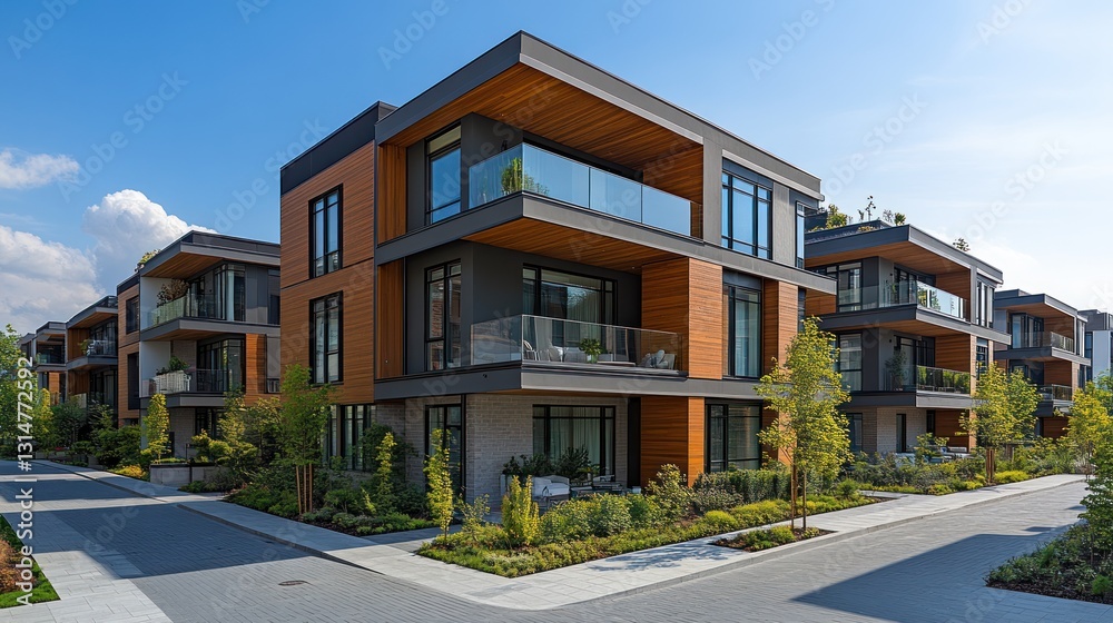 Modern townhouses, sunny day, city street, lush landscaping