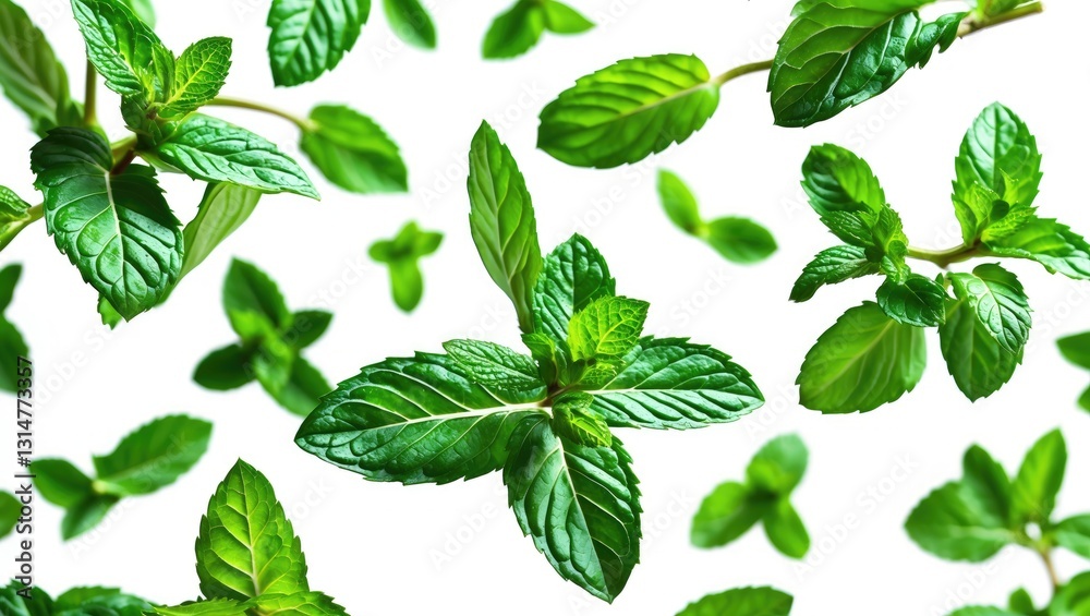 Falling mint leaves, mint leaves, set against a white background. Falling mint leaves, mint leaves, set against a white background.