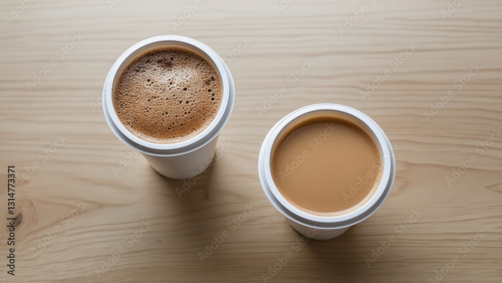 Coffee to go. Top view of coffee cups with lids on a wooden table background, leaving copyspace. Coffee to go. Top view of coffee cups with lids on a wooden table background, leaving copyspace.
