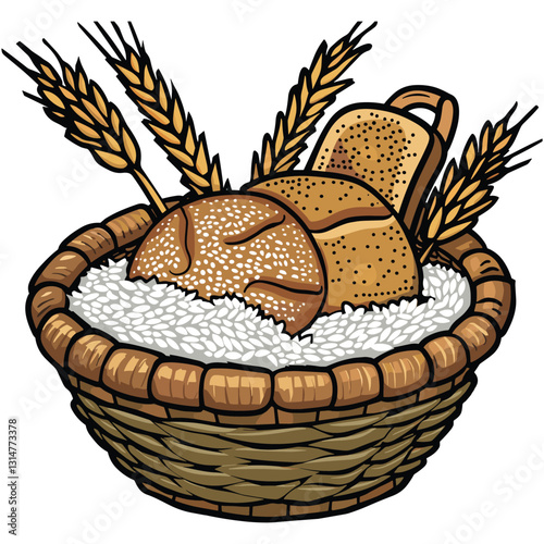 Hand-Drawn Basket of Assorted Bread with Wheat - Vector Illustration