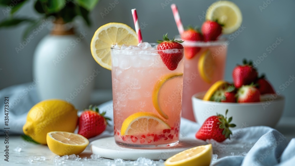 A refreshing and tasty lemon-strawberry drink for summer. Selective focus and text space. A refreshing and tasty lemon-strawberry drink for summer. Selective focus and text space.