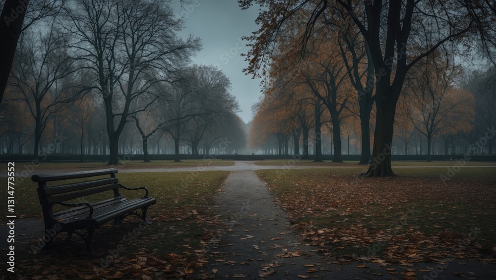 A desolate park under a gloomy atmosphere. Autumn scenery. A desolate park under a gloomy atmosphere. Autumn scenery.