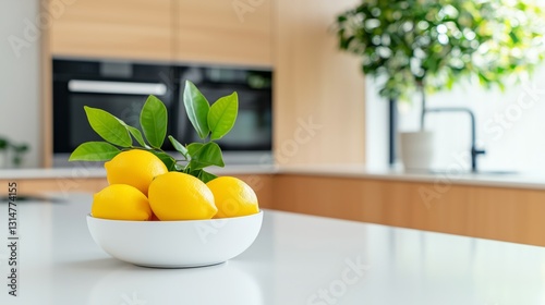 Fresh Lemons in a White Bowl on a Bright Kitchen Countertop