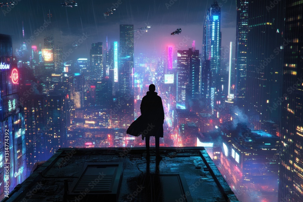 Fototapeta premium A lone figure silhouetted against a vibrant, futuristic cityscape under a rainy night sky.