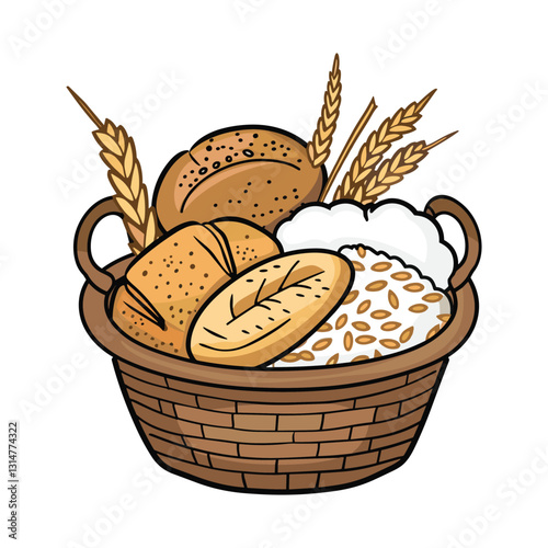 Hand-Drawn Basket of Assorted Bread with Wheat - Vector Illustration