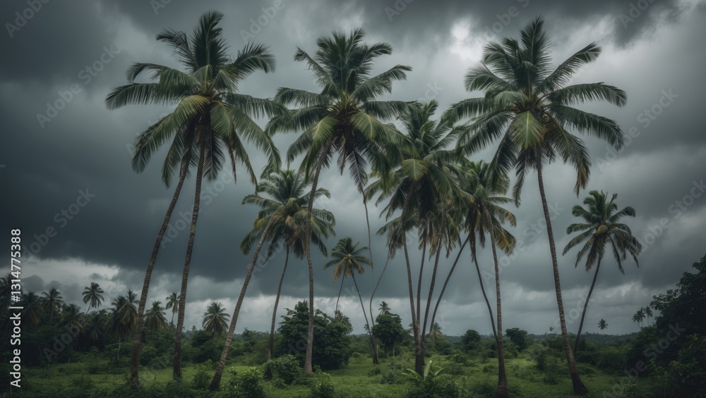 Coconut palm tree swaying in the winds ahead of a strong hurricane during the rainy season. Coconut palm tree swaying in the winds ahead of a strong hurricane during the rainy season.