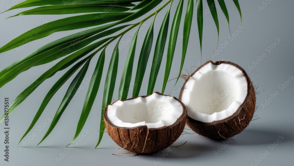 Coconut on a gray backdrop, viewed from above. Coconut on a gray backdrop, viewed from above.