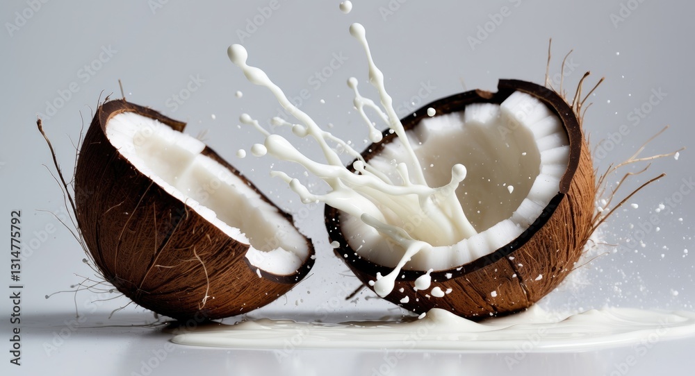 Coconut milk splashing out from a split coconut fruit with a piece of coconut beside it. Coconut milk splashing out from a split coconut fruit with a piece of coconut beside it.
