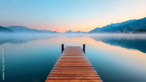 Serene Wooden Dock Reflection at Sunrise Over Calm Misty Lake