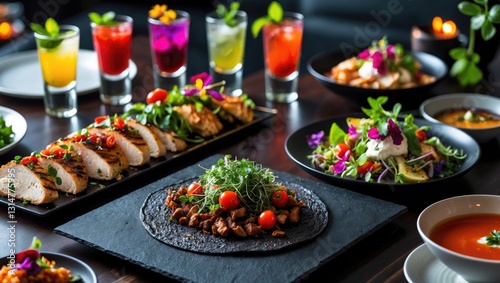 Refined Table Arrangement with Various Dishes and Beverages. photo