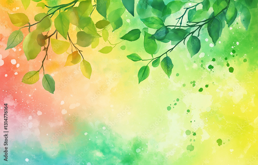 Fototapeta premium Abstract Watercolor Background with Vibrant Green Tree, Rainbow, and Soft Blurred Foliage – Perfect for Design Templates, Nature Themes, and Artistic Creations in High Resolution