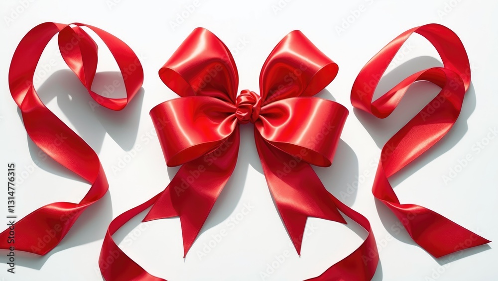 Flat lay striking red vibrant four-loop gift bow crafted from satin ribbon with gentle shadow set against a white background. Flat lay striking red vibrant four-loop gift bow crafted from satin ribbon with gentle shadow set against a white background.