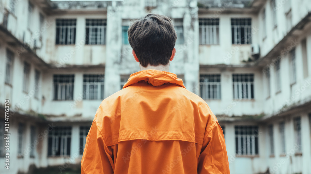 Fototapeta premium Engineer in an orange jacket inspecting a decaying, abandoned building with broken windows, capturing the essence of urban exploration and decay